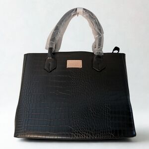 Badgley Mischka Croco Tote Crossbody Bag Black